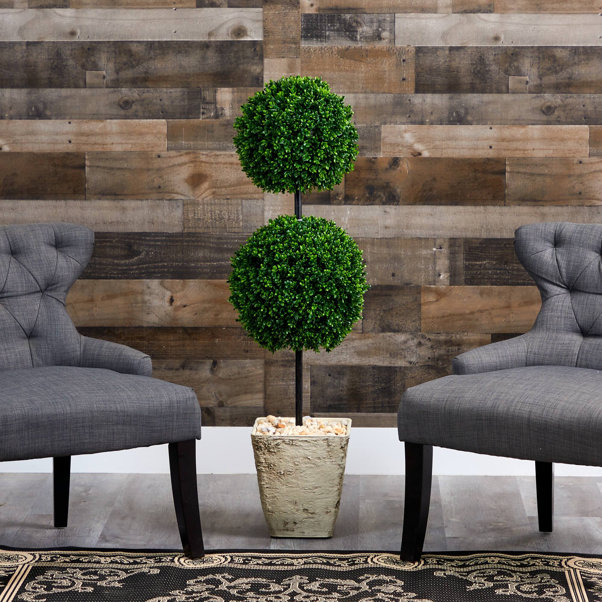 4ft. Boxwood Double Ball Topiary Tree in Country White Planter